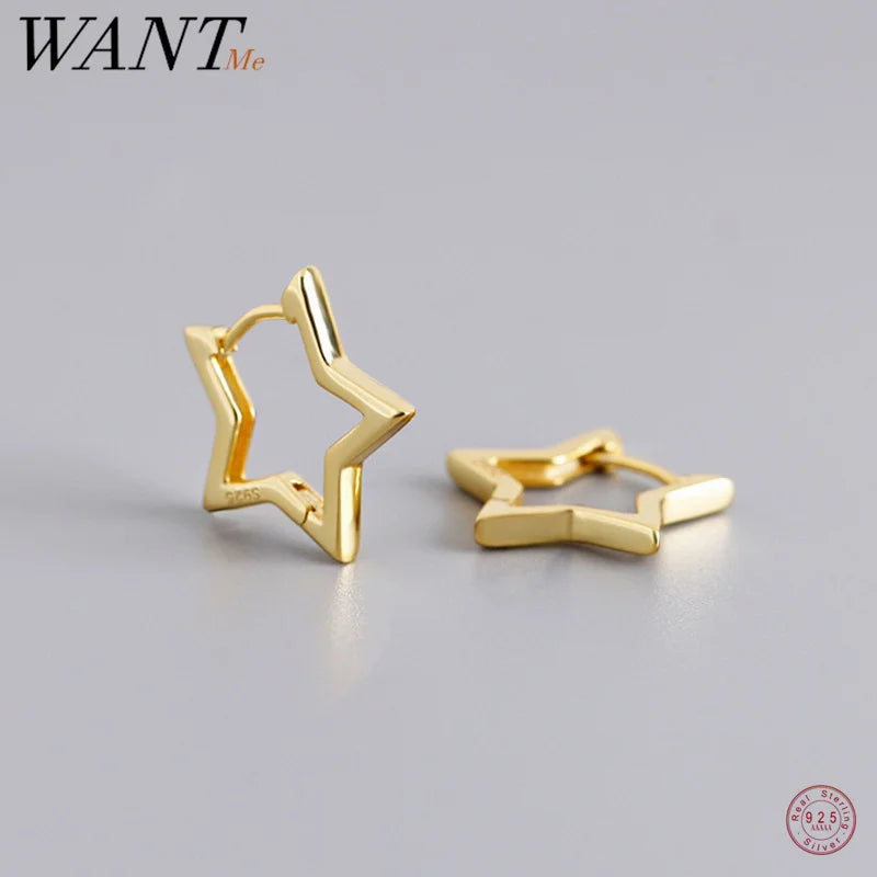 WANTME 925 Sterling Silver Fashion Statement Gold Stars Huggies Hoop Earrings for Women European Charms Party Jewelry Ear Buckle