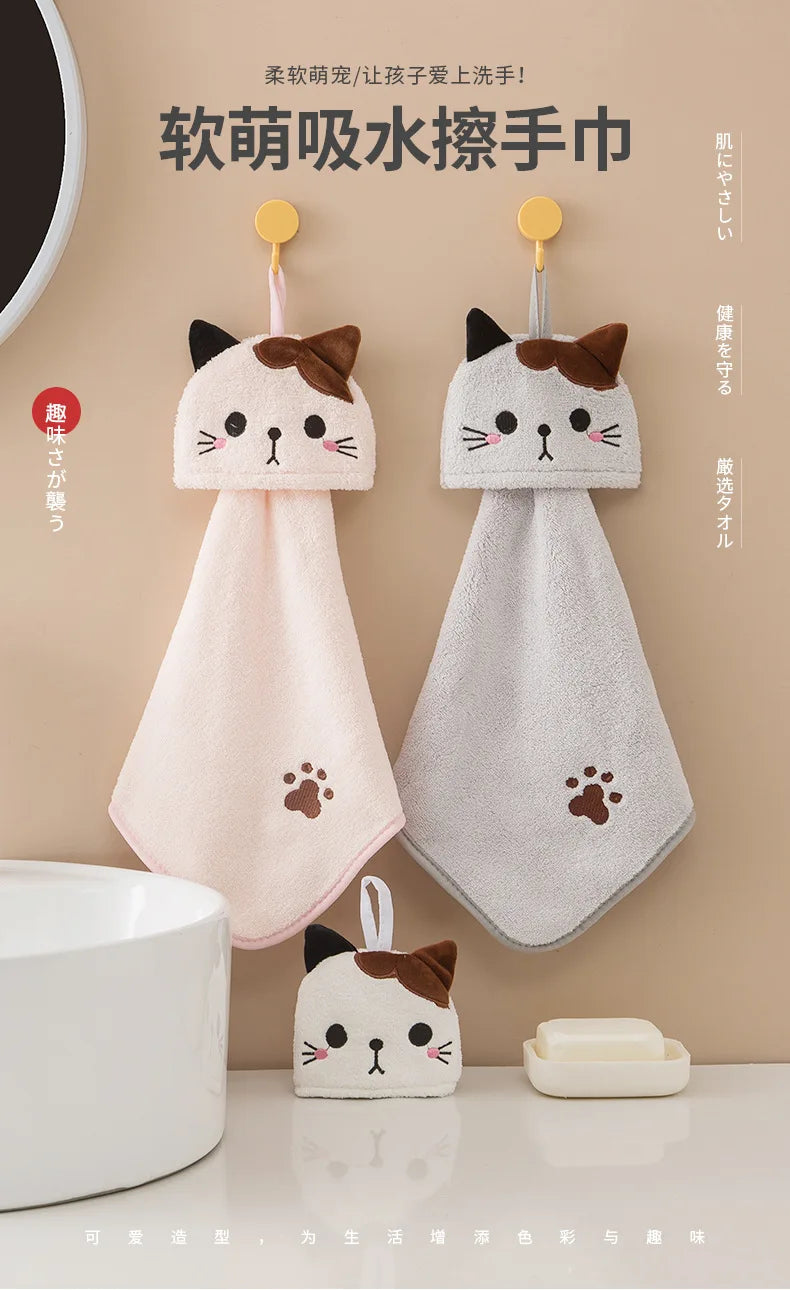 Coral Velvet Pocket Cat Embroidered Hand Towel Bathroom Hanging Absorbent Towel Kitchen Bathroom Square Towel