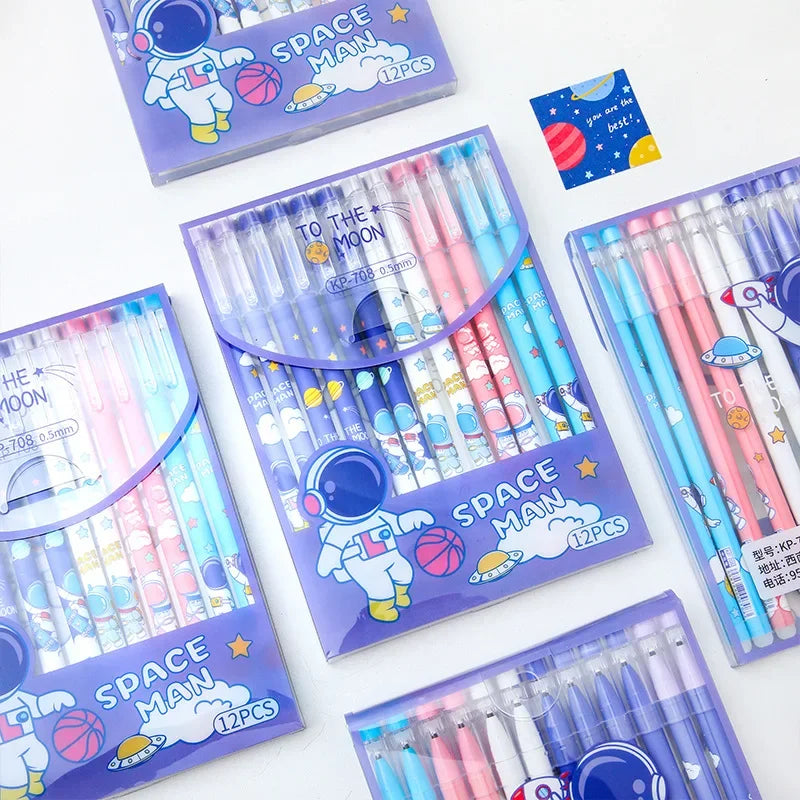 12Pcs/Set Cute Astronaut Erasable Gel Pen Cartoon Spacemen 0.5mm Black Ink Washable Pens for Writing Kids School Stationery