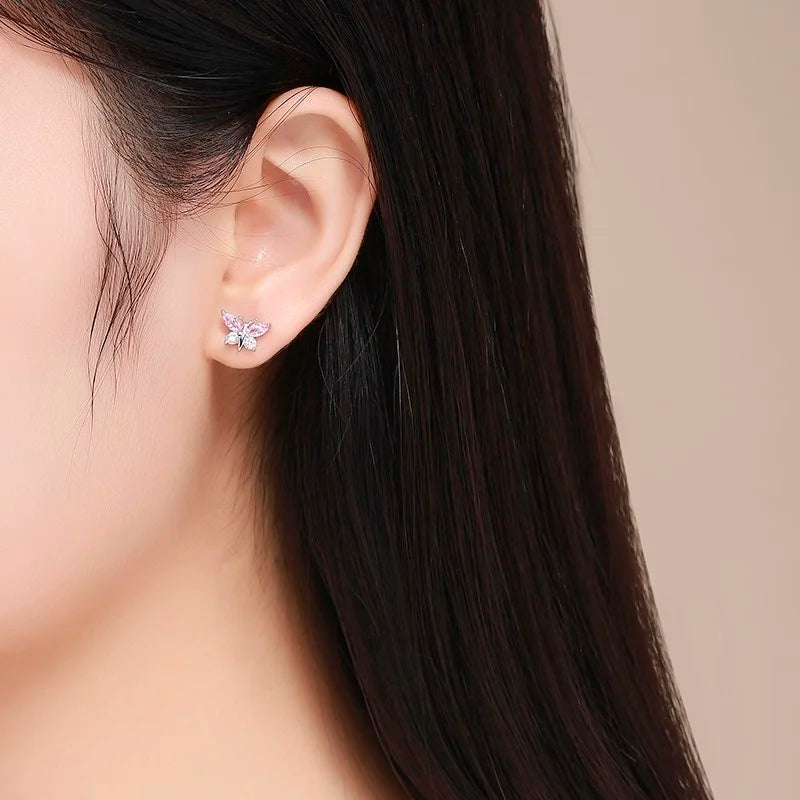 Cute 925 Sterling Silver Butterfly Pink CZ Screw Back Stud Earrings For Women Child Girls Kids Jewellery Orecchini Aros Aretes