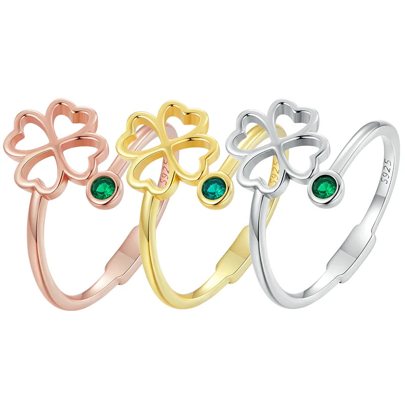 BAMOER 925 Sterling Silver Simple Four Leaf Clover Ring for Girl, Women 14K Gold Plated Promise Lucky Ring 3 Colors SCR843