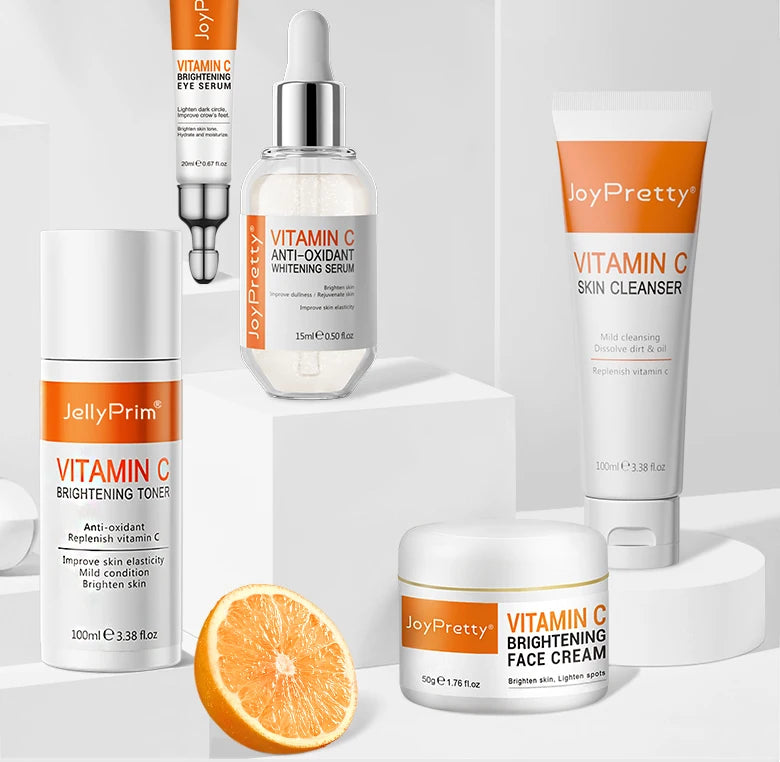JoyPretty Vitamin C Face Skin Care Kit 5Pcs Whitening Cream for Dark Skin Serum Cleanser Facial Skin Lightening Moisturizing Set