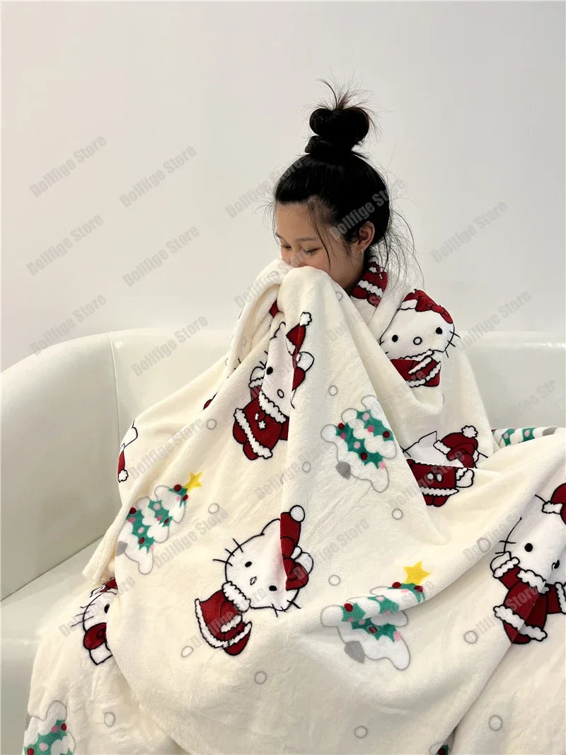 2024 Halloween Ghost Hello Kitty Plush Cartoon Large Flannel Blanket Cute Cotton Sofa Nap Blanket Bed Sheet Christmas Gift