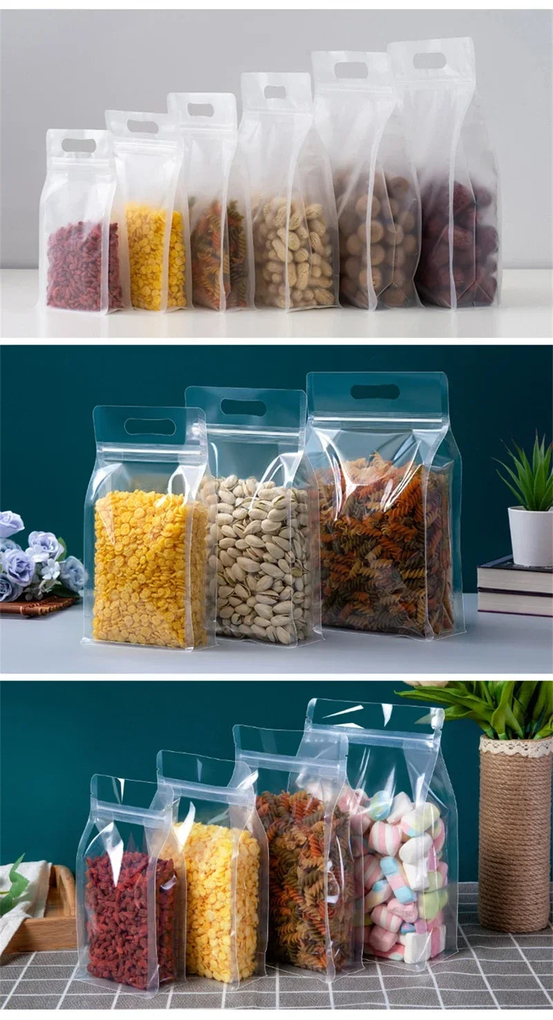 50Pcs Food Packaging Ziplock Bags Transparent with Handle Stand Up Sealed for Candy Nuts Storage Reusable Zip Lock Pouches