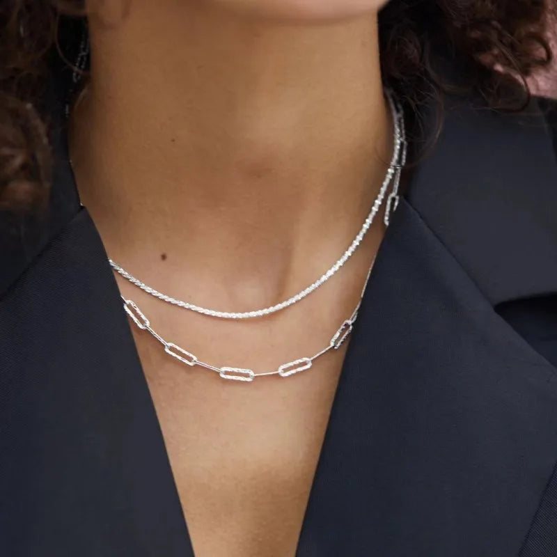 925 Sterling Silver Twisted Paper Clip Link Necklace 45cm For Women Glitter Link Chain Choker Necklaces Simple Chic Hip Hop