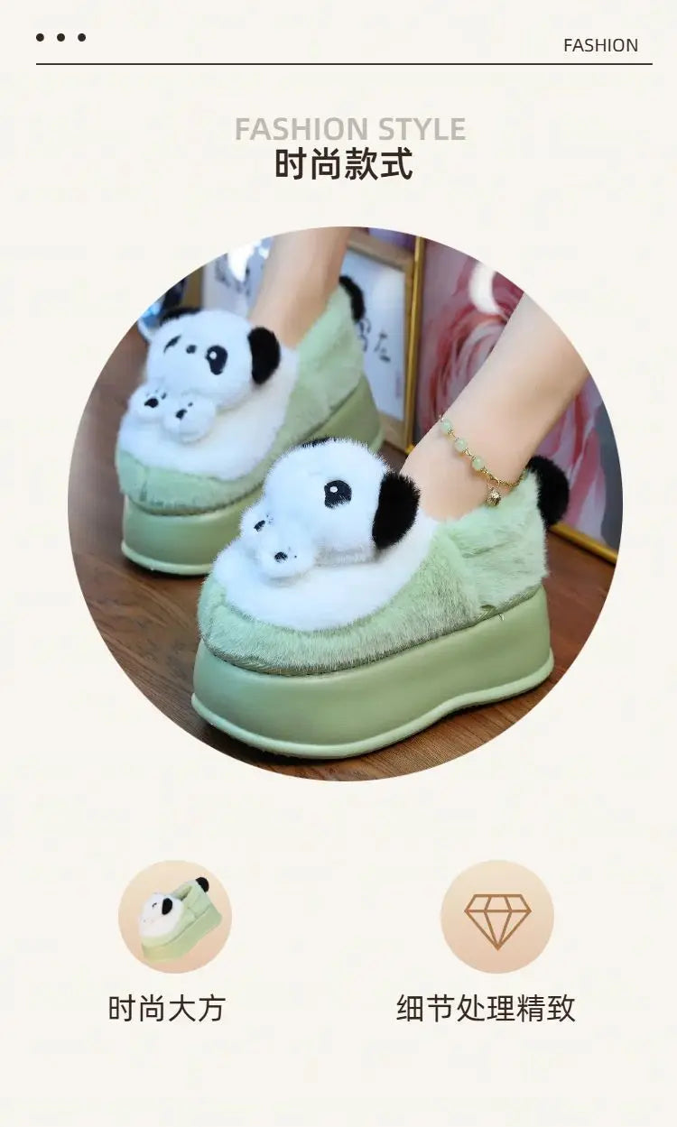 New high heel panda shoes women's winter loafer thick slippers woman fluffy slip on shoes ladies animal warm fuzzy home slipper