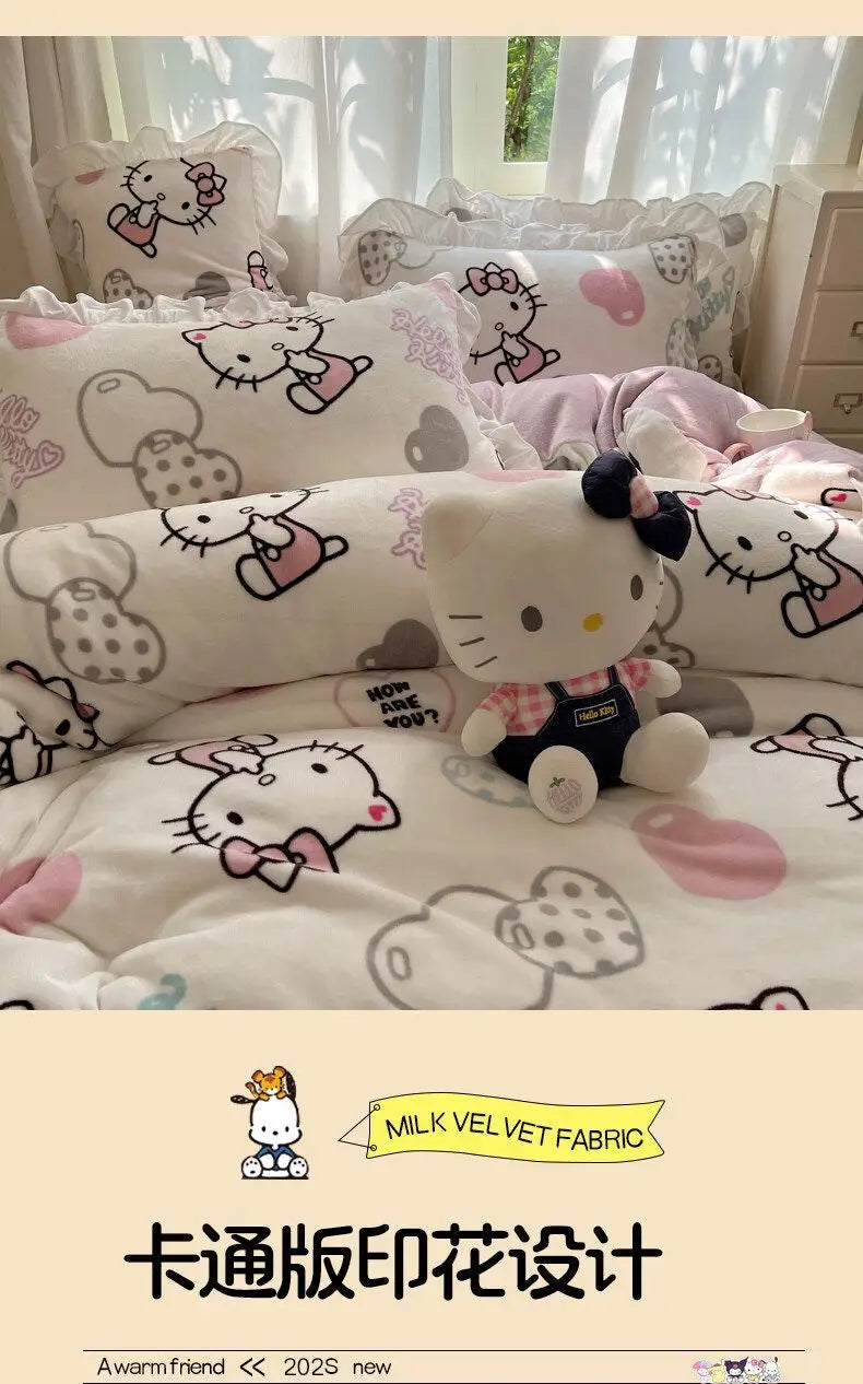 Sanrio Hello Kitty Kuromi cartoon cute warm plus velvet lace four-piece set creative student children's bed sheet quilt cover