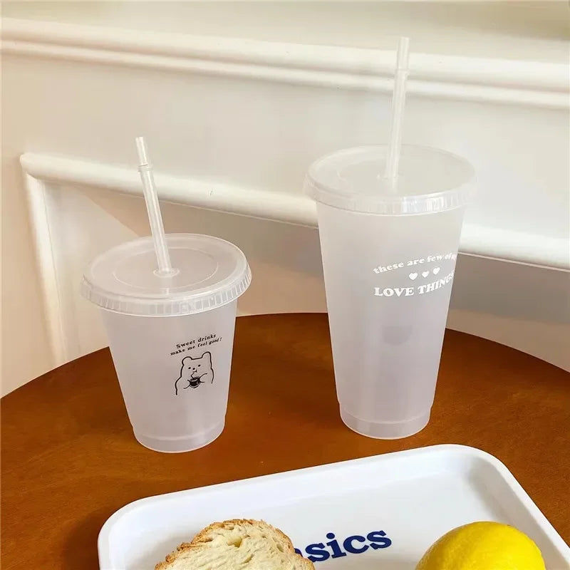 470/700ml Cute Korean Style PP Material Portable Water Bottle Coffee Juice Milk Tea Cup Plastic Cool Cup with Lid Straw Reusable