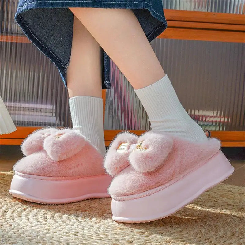 New green bow slippers winter women's 2024 shoes thick sole fuzzy slippers for home mules shoes woman fluffy metal house slipper