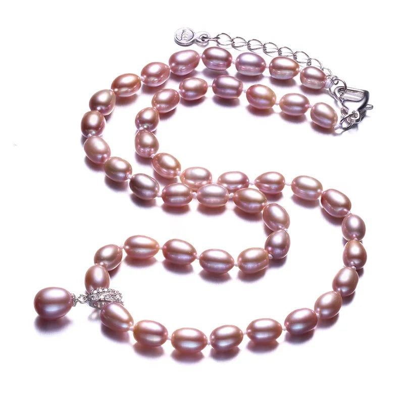 Dainashi 925 Sterling Silver Pearl Necklace,White/Pink/Purple Natural Freshwater Pearl,6-7/8-9 mm,45cm+5cm Length,Fine Jewelry