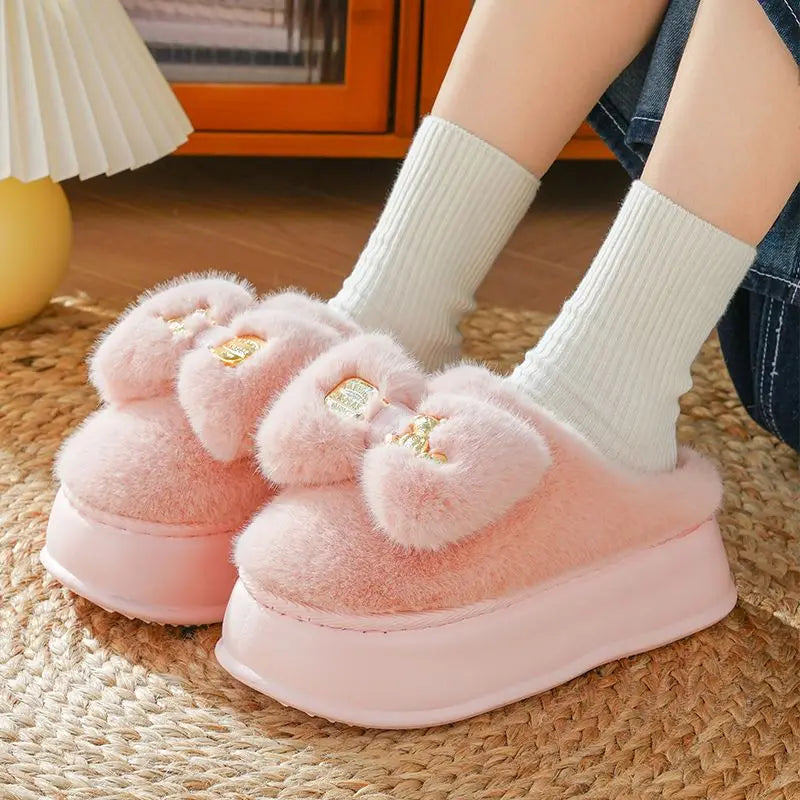 New green bow slippers winter women's 2024 shoes thick sole fuzzy slippers for home mules shoes woman fluffy metal house slipper