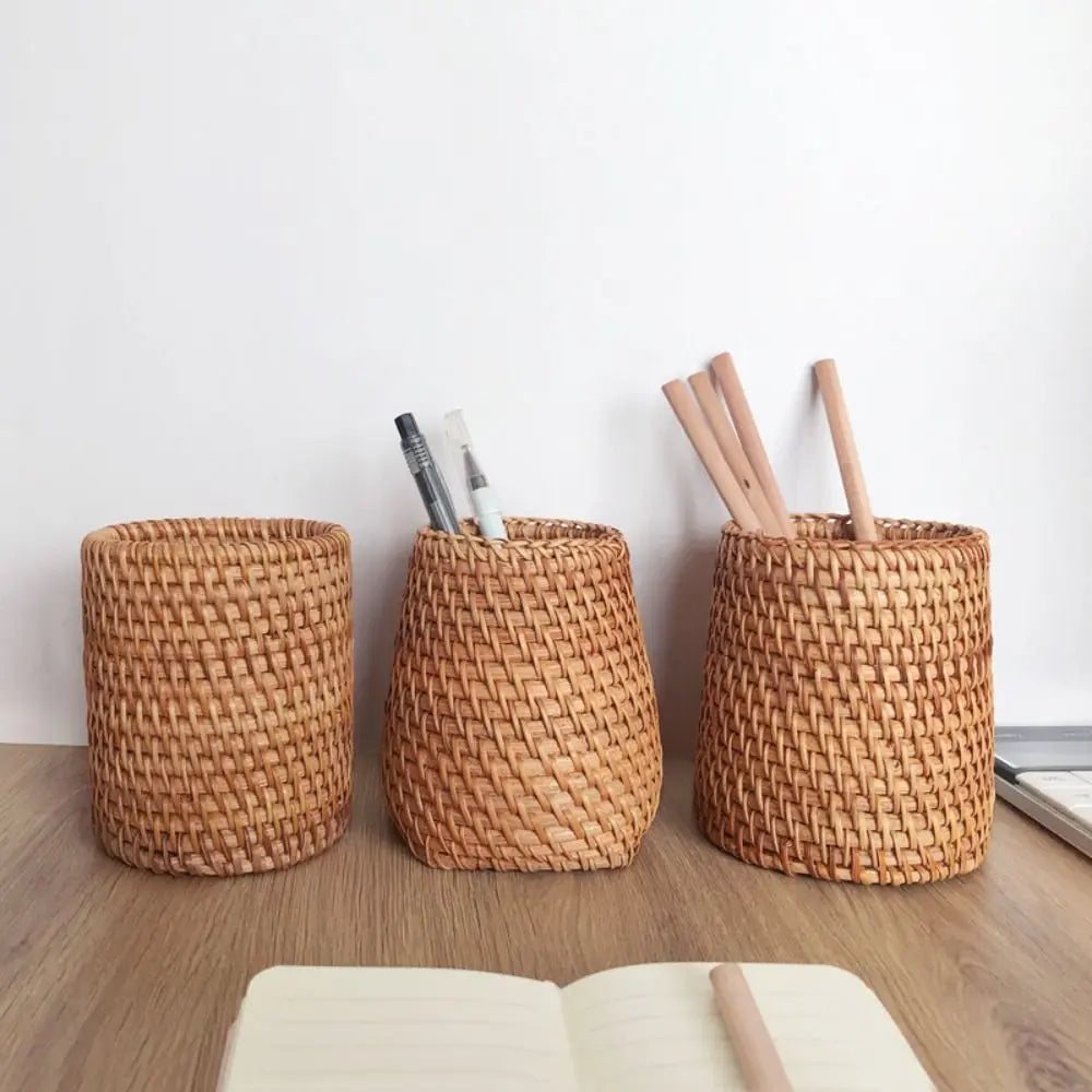 Handmade Rattan Pencil Holder Home Decoration Sundries Storage Basket Tableware Storage Household Pen Container Student Gifts