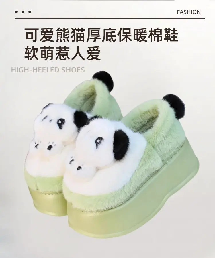 New high heel panda shoes women's winter loafer thick slippers woman fluffy slip on shoes ladies animal warm fuzzy home slipper