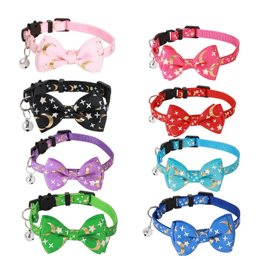 Cat Bow Bell Collar Hot Stamping Woven Stars and Moon Pattern Removable Bow Cat Puppy Collar Adjustable Dog Collar
