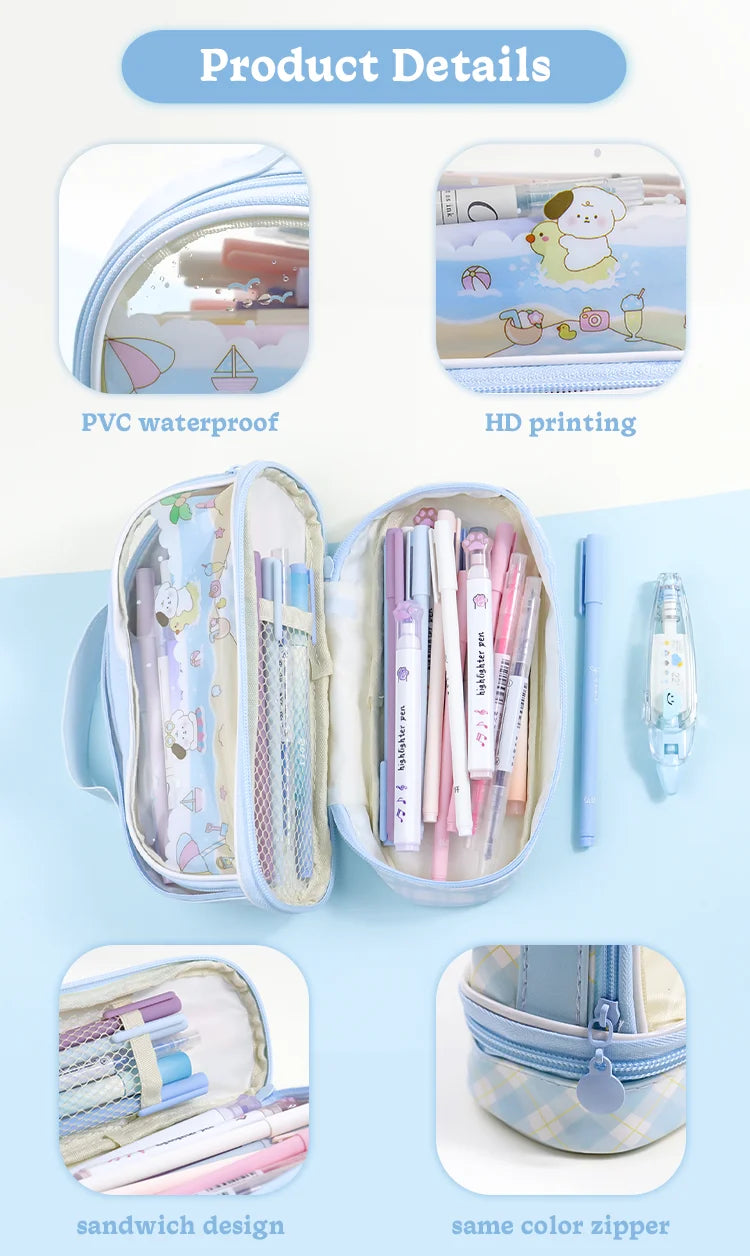 Kawaii Pencil Case Double Layer Large Capacity Pen Bag Cartoon Portable Box School Student Supplies Stationary Organizer