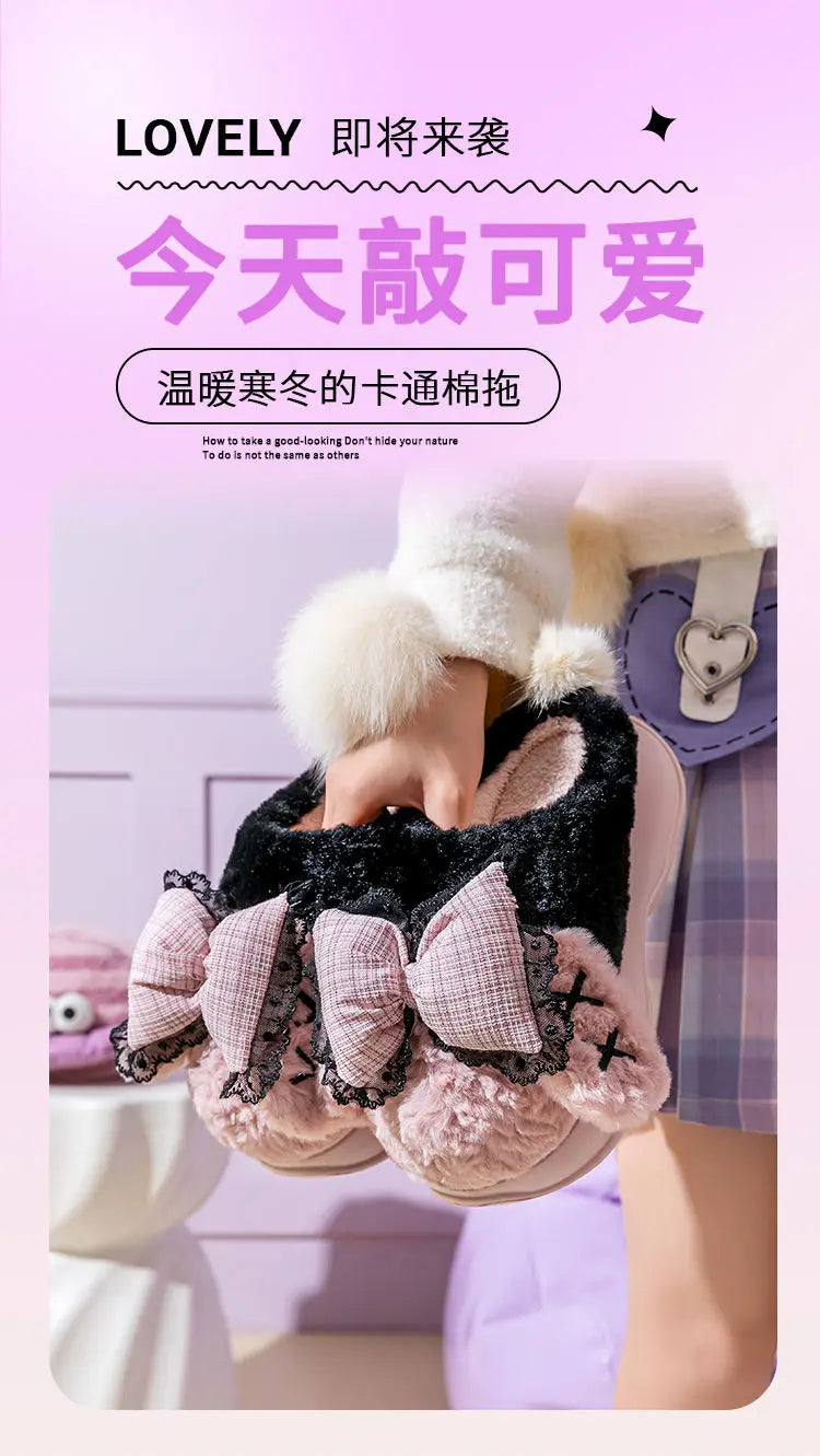New green bow slippers winter women's 2024 shoes thick sole fuzzy slippers for home mules shoes woman fluffy metal house slipper