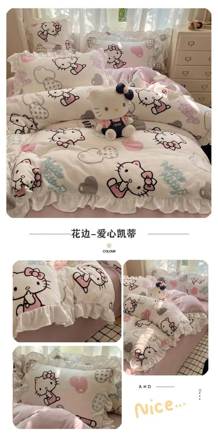 Sanrio Hello Kitty Kuromi cartoon cute warm plus velvet lace four-piece set creative student children's bed sheet quilt cover