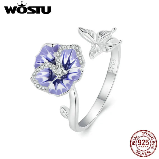 WOSTU 925 Stelring Silver Purple Pansy Flower Open Rings For Women Wedding Party Statement Stackable Butterfly Ring Holiday Gift