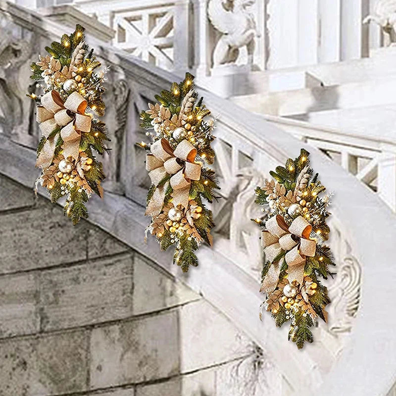 Christmas Swag Wreath Pendants LED Lights Staircase Wreath Ornament Swag Trim Garland Door Window Decoration Party Supplies
