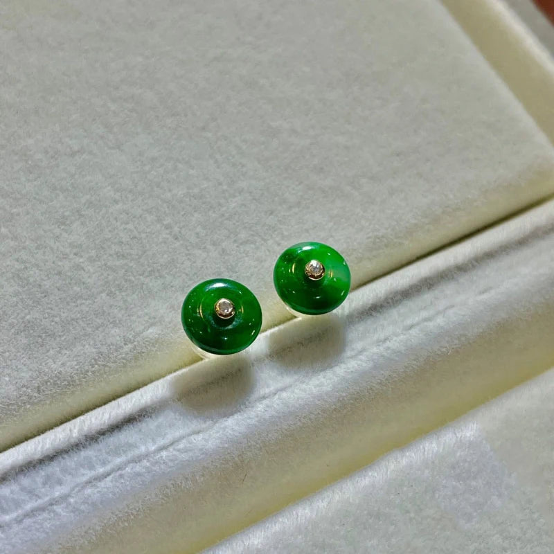 New In Natural Hotan Jade Green Round stud earings vintage Silver Inlaid earrings for women Classical Simple Party  jewelry