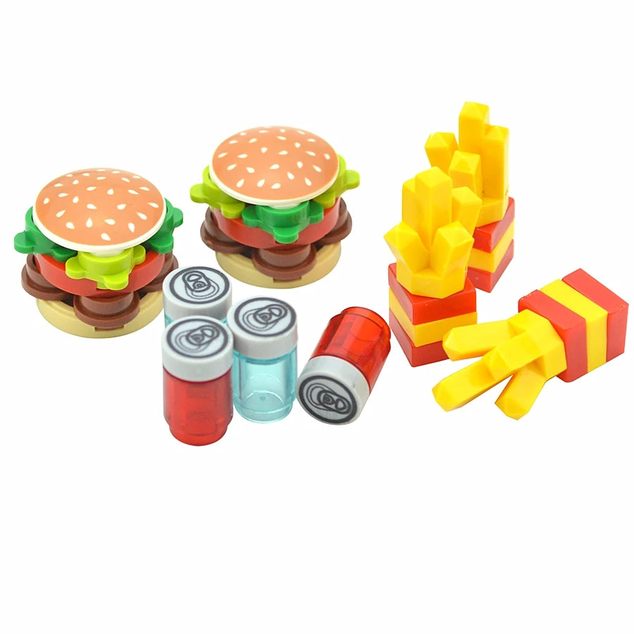City Mini Food Toys Building Blocks Hamburger Fries Bread Pizza Cake Dessert Food Chocolate Fish Cookies MOC Bricks Kids Gift