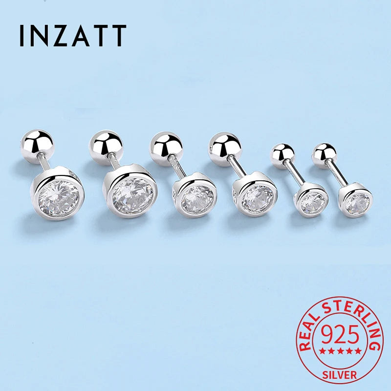 INZATT Real 925 Sterling Silver Zircon Round Screw Thread Bead Stud Earrings For Women Fine Jewelry Minimalist Accessories