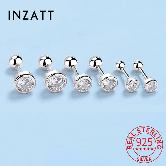 INZATT Real 925 Sterling Silver Zircon Round Screw Thread Bead Stud Earrings For Women Fine Jewelry Minimalist Accessories