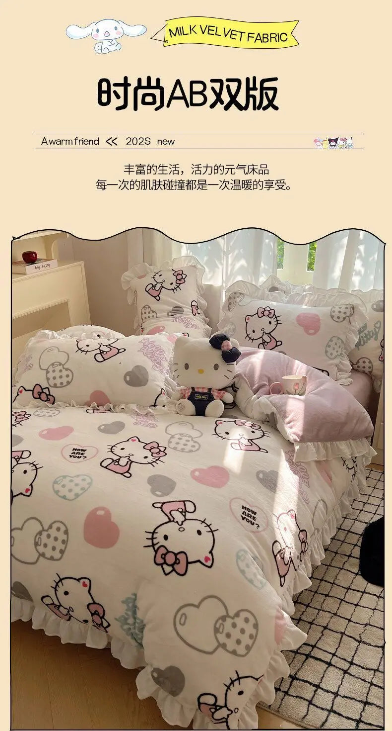 Sanrio Hello Kitty Kuromi cartoon cute warm plus velvet lace four-piece set creative student children's bed sheet quilt cover