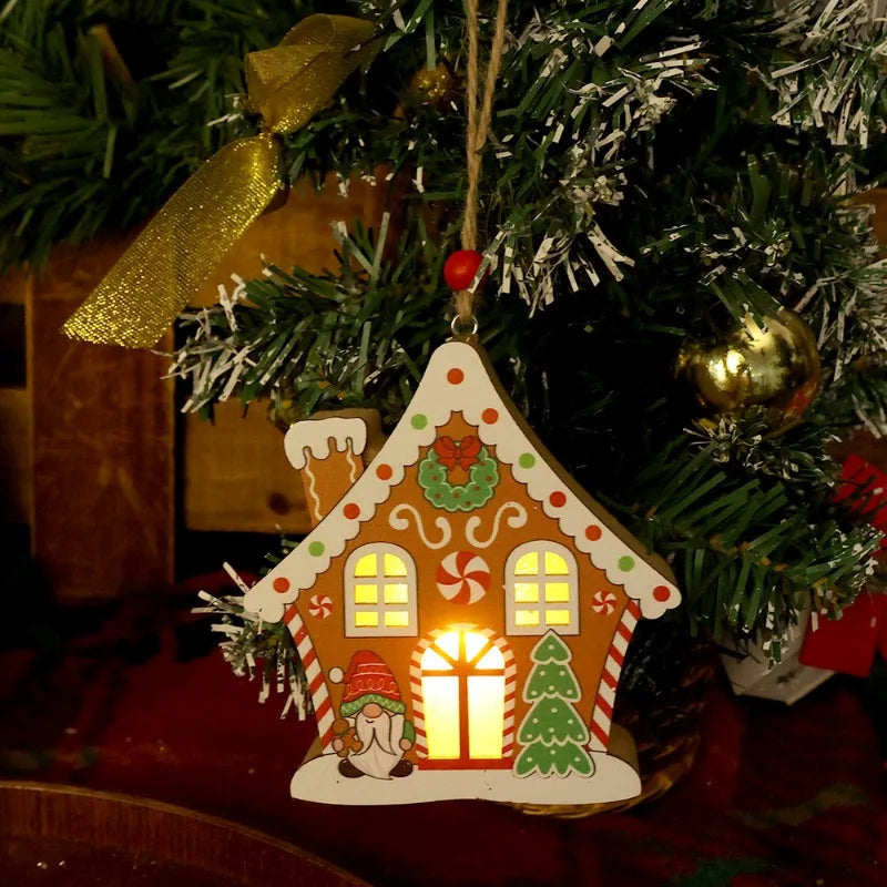 Christmas Night Lights Wooden House Pendant Gingerbread Man Hanging Ornaments for Home Party Xmas Trees Decoration Holiday Light