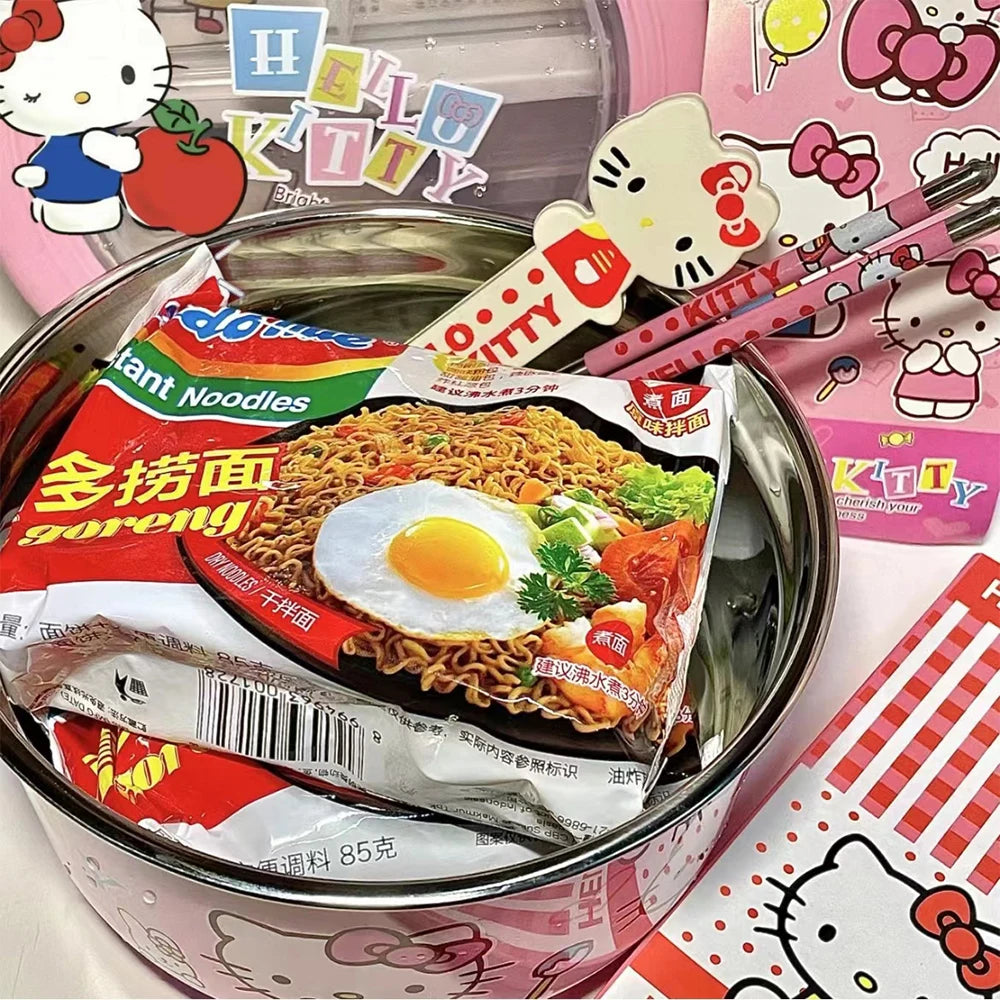 Sanrio Hello Kitty Stainless Steel Ramen Bowl With Lid Cute Large Instant Noodles Fruit Salad Rice Soup Bowl Kitchen Tableware