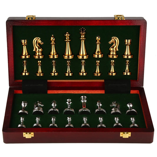 Metal Medieval Chess Set with High Quality Wooden Chessboard Adult and Children 32 Metal Chess Pieces Family Game Toy Gift