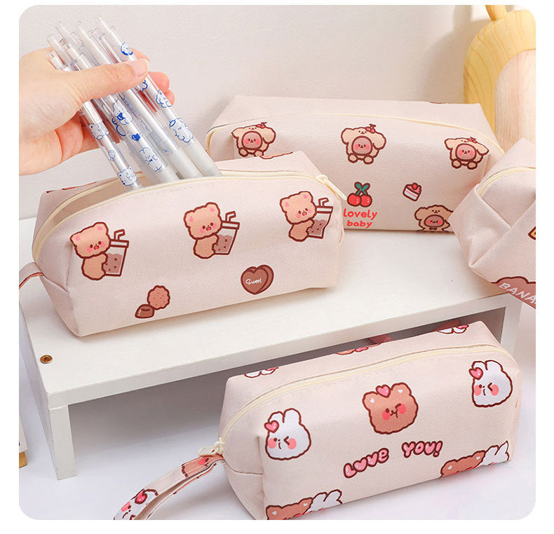 Cartoon Little Bear Canvas Pencil Case Student Ins Girl Heart Large Capacity Pencil Case Desktop Stationery