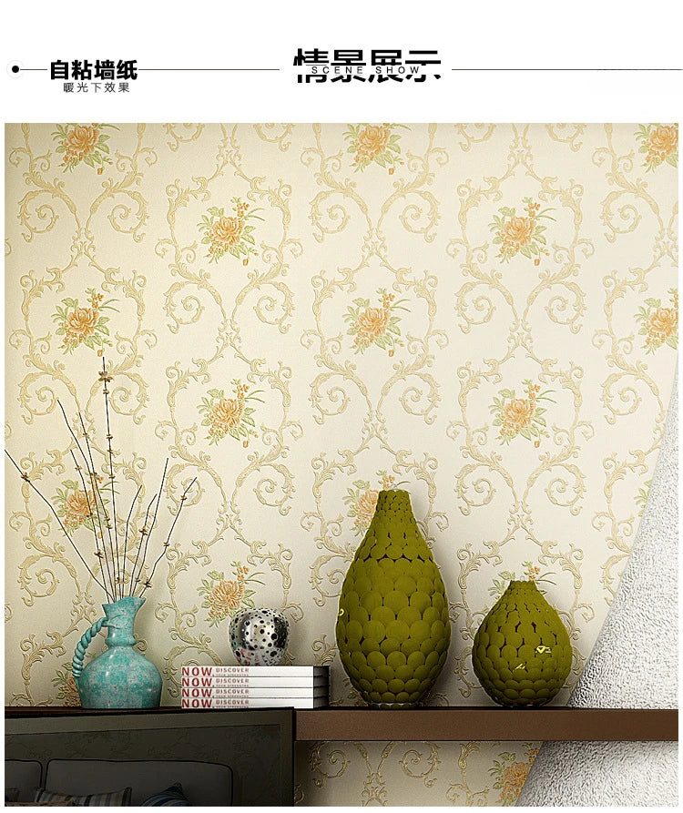 European Self-adhesive Non-woven Wallpaper 3d Garden Flower Warm Bedroom Living Room Wall paper Home Decor Luxury Wall Stickers