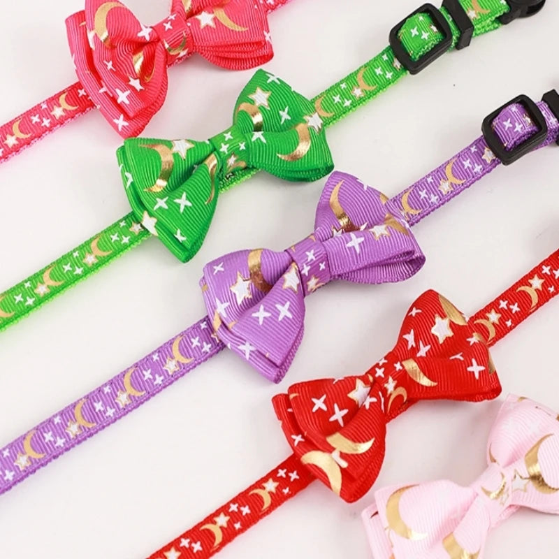Cat Bow Bell Collar Hot Stamping Woven Stars and Moon Pattern Removable Bow Cat Puppy Collar Adjustable Dog Collar