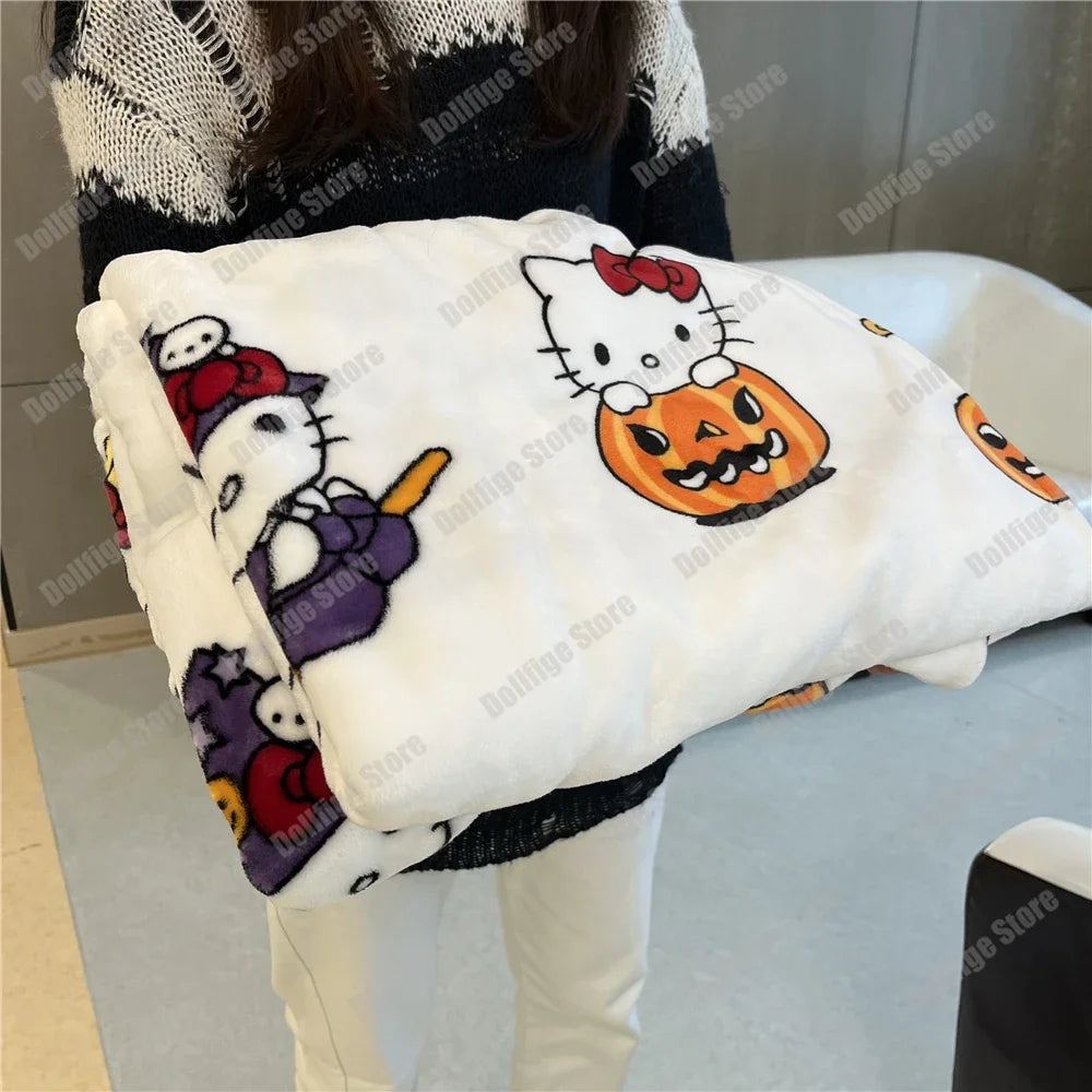 2024 Halloween Ghost Hello Kitty Plush Cartoon Large Flannel Blanket Cute Cotton Sofa Nap Blanket Bed Sheet Christmas Gift