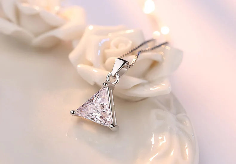 925 Sterling Silver Jewelry AAA Zirconia Triangle Pendant Necklace For Women Gift 45cm Link Chain choker collares S-N107