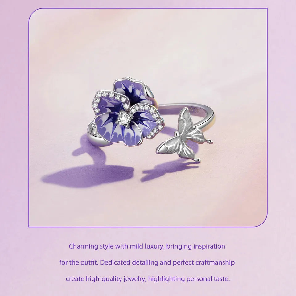 WOSTU 925 Stelring Silver Purple Pansy Flower Open Rings For Women Wedding Party Statement Stackable Butterfly Ring Holiday Gift