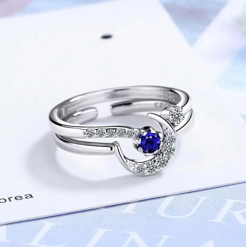 Real 925 Sterling Silver Shiny Zirconia Moon Star Adjustable Ring For Charming Women Wedding Romantic Fine Jewelry Gift