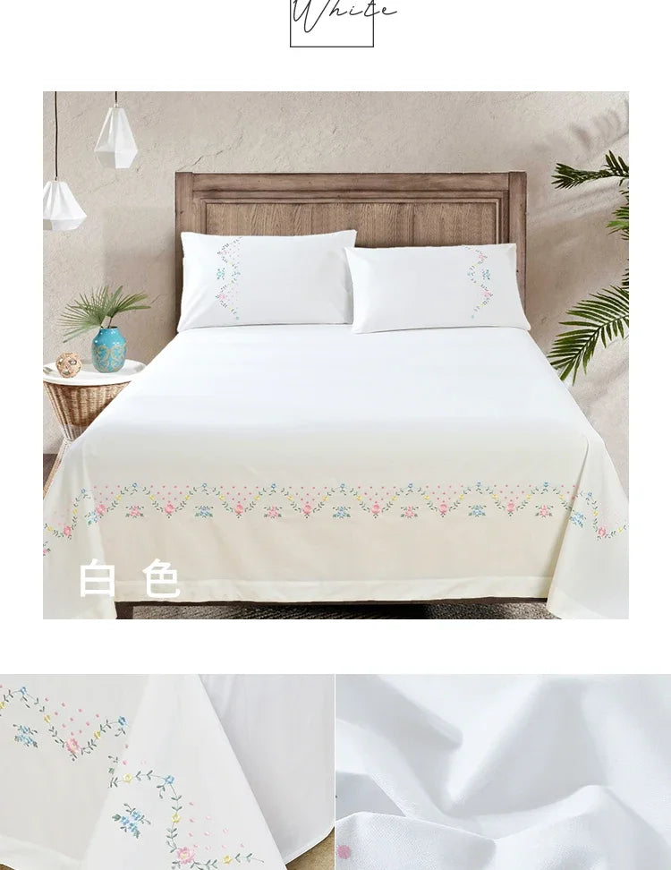 100% Cotton Greek Key Embroidery, 3-Piece Twin XL Kendell Bed Sheet Set, White/ Light Green/Pink