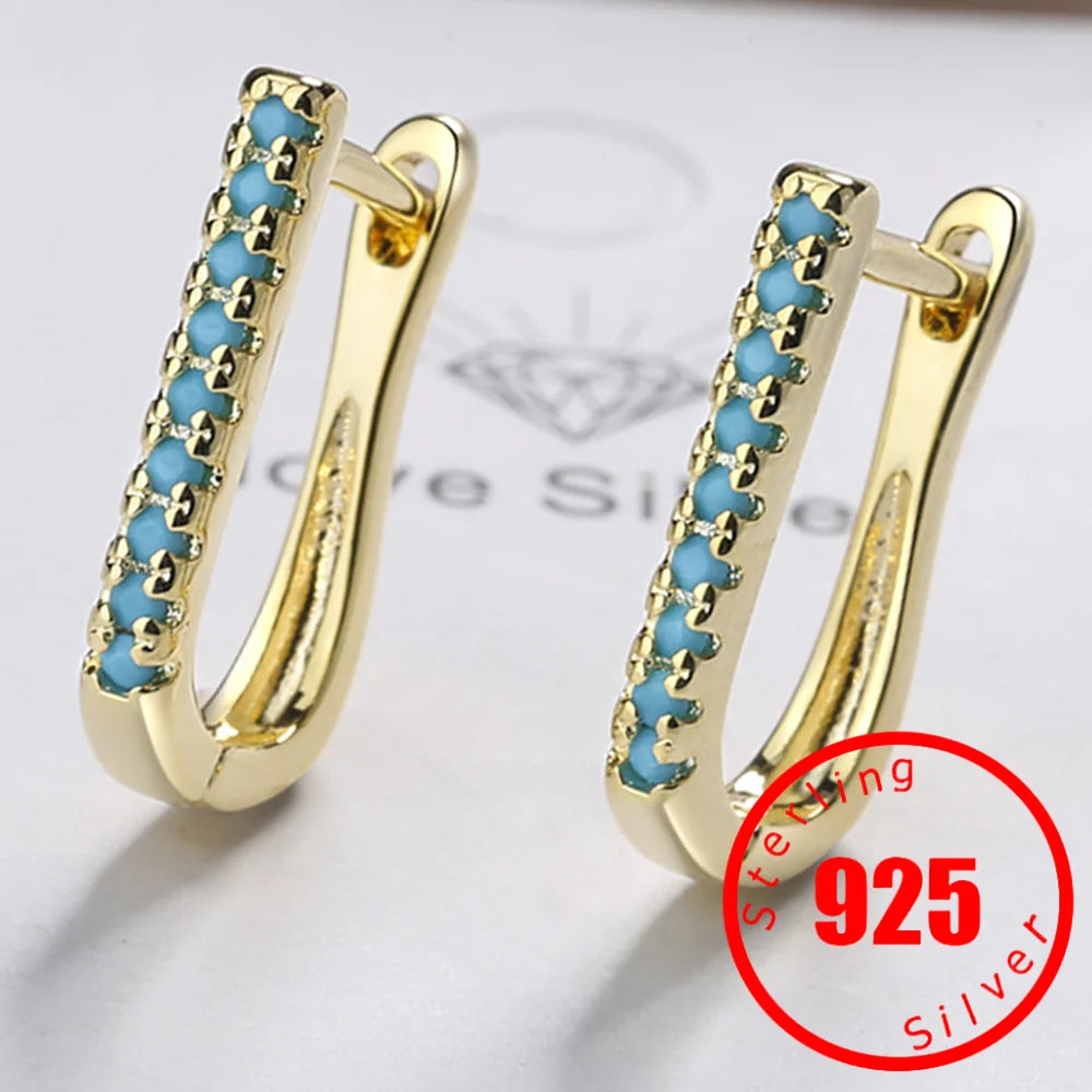 Vintage Natural Turquoise Hoop Earrings Solid Stamp 925 Sterling Silver Luxury Trendy Earring For Women Wedding Jewelry