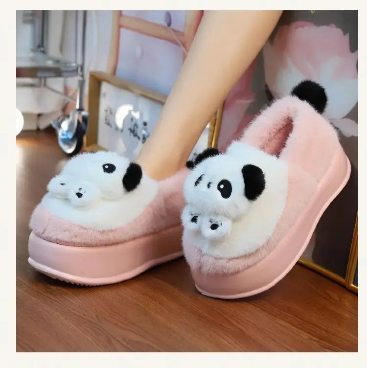 New high heel panda shoes women's winter loafer thick slippers woman fluffy slip on shoes ladies animal warm fuzzy home slipper