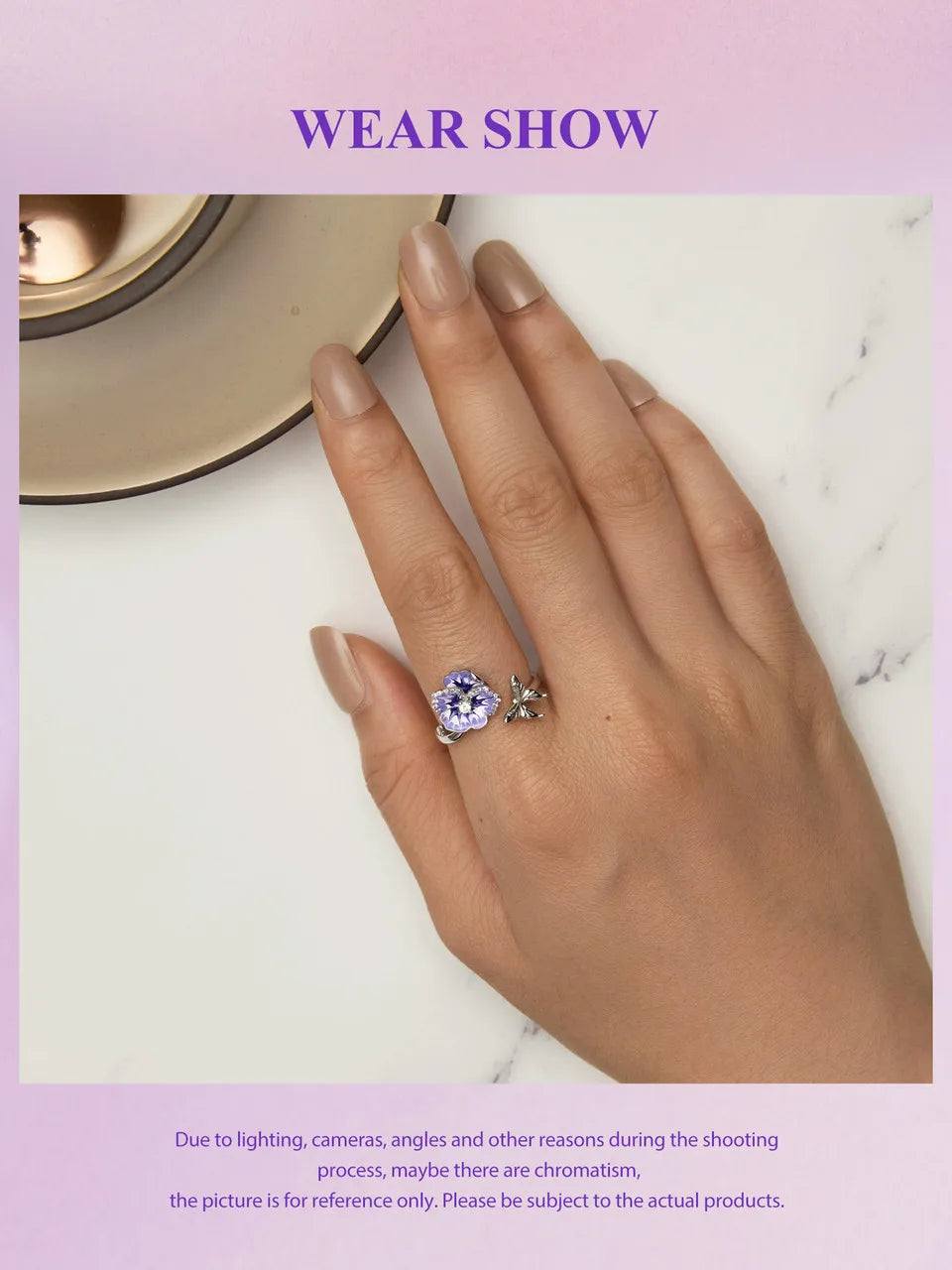 WOSTU 925 Stelring Silver Purple Pansy Flower Open Rings For Women Wedding Party Statement Stackable Butterfly Ring Holiday Gift