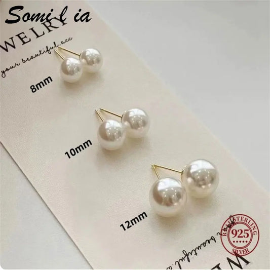 SOMILIA Fashion 925 Sterling Silver Needle Freshwater Pearl Stud Earrings Ball Earrings For Women Silver Jewelry Pierced 4-14MM