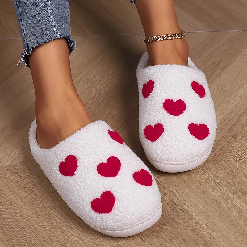 Lucyever Women's Warm Lambswool Slippers Heart Printed Plush Home Slippers Shoes for Women Non Slip Soft Bottom Slides Ladies