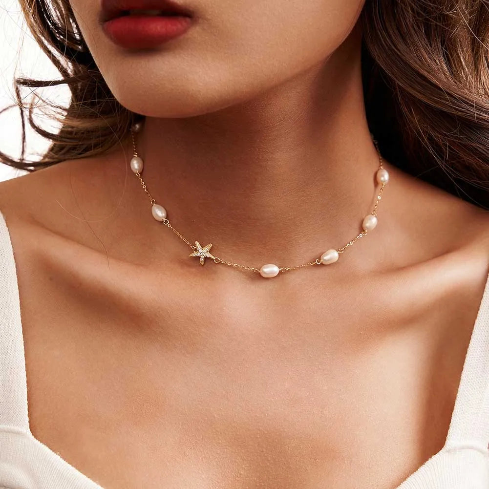 ORSA JEWELS Natural Pearl Choker Necklace Fashion 925 Sterling Silver Starfish 4A Zircon Necklace for Women Party Jewelry BQN06