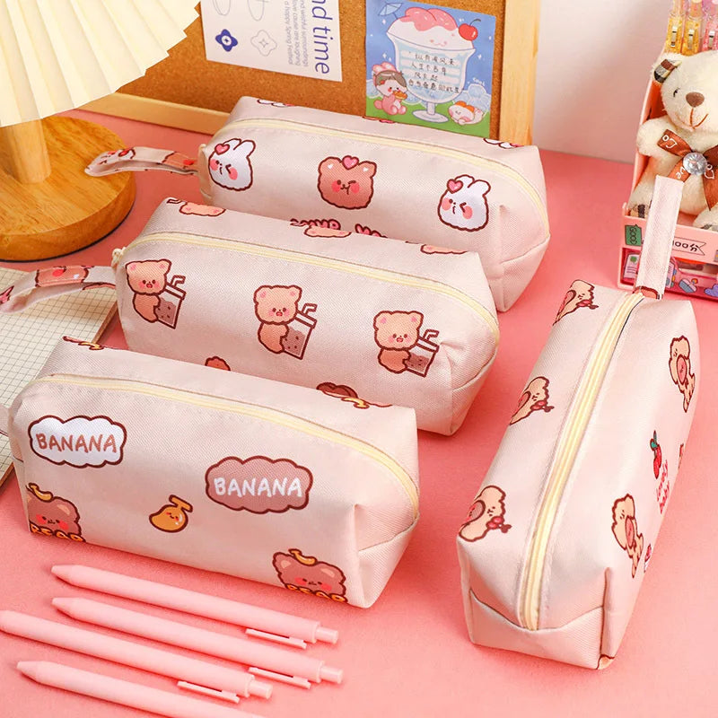 Cartoon Little Bear Canvas Pencil Case Student Ins Girl Heart Large Capacity Pencil Case Desktop Stationery