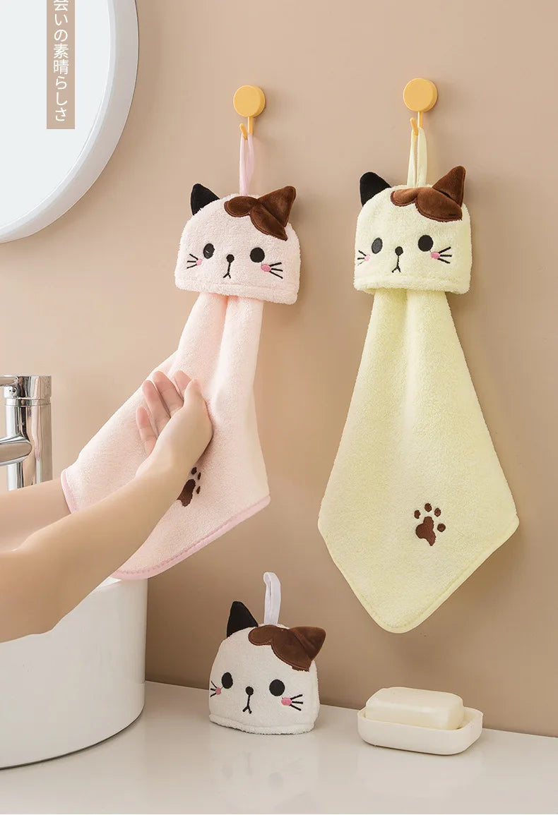 Coral Velvet Pocket Cat Embroidered Hand Towel Bathroom Hanging Absorbent Towel Kitchen Bathroom Square Towel