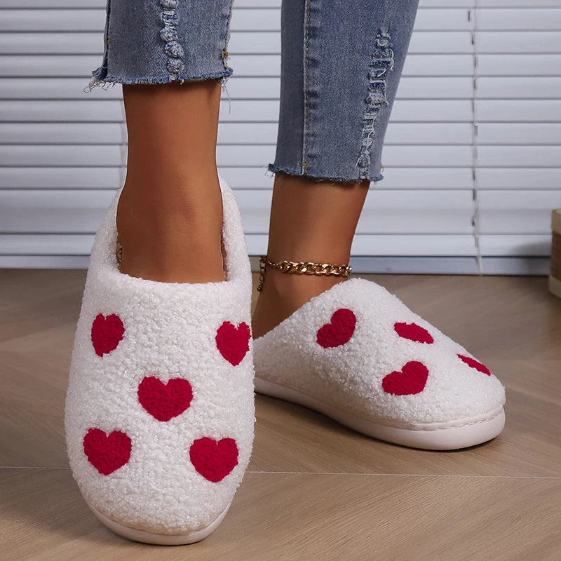 Lucyever Women's Warm Lambswool Slippers Heart Printed Plush Home Slippers Shoes for Women Non Slip Soft Bottom Slides Ladies