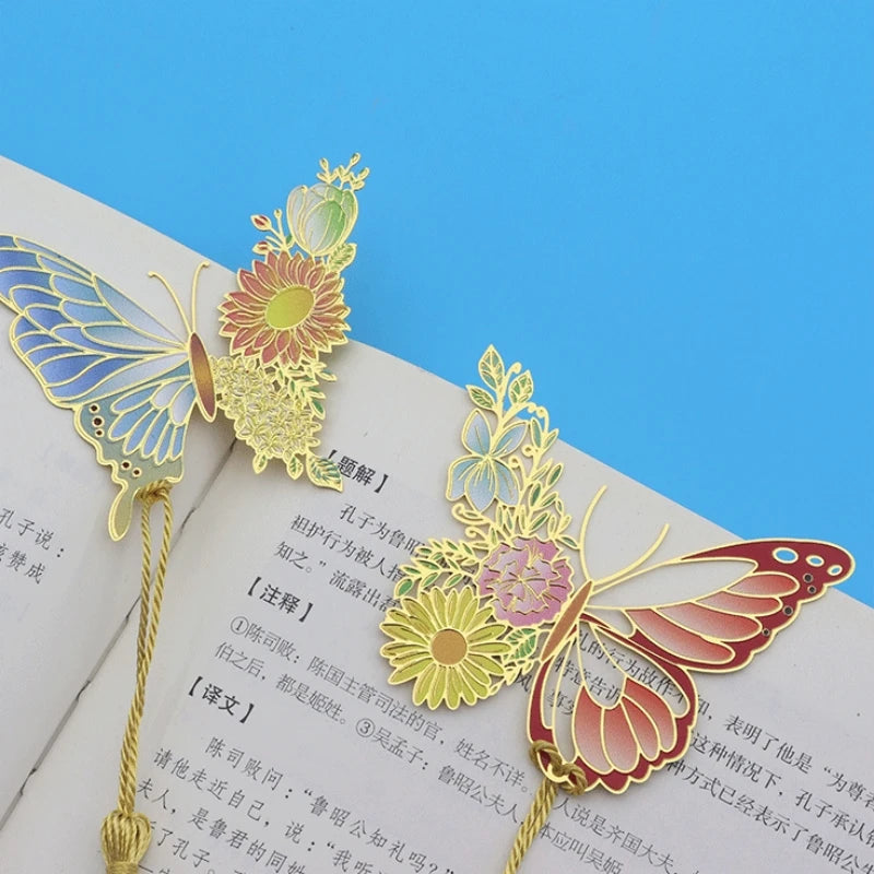 Metal Butterfly Flower Bookmarks Exquisitely Hollow Tassel Pendant Book Clip Students Reading Tool School Stationery Supplies