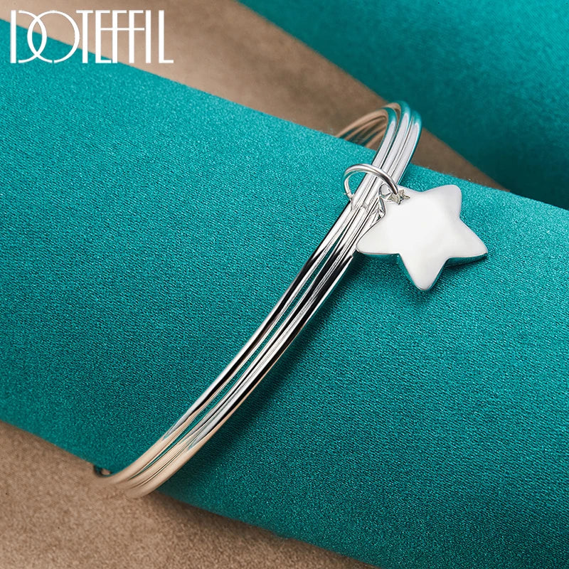 DOTEFFIL 925 Sterling Silver Three Circle Star Bangle Bracelet For Woman Man Wedding Engagement Fashion Charm Party Jewelry